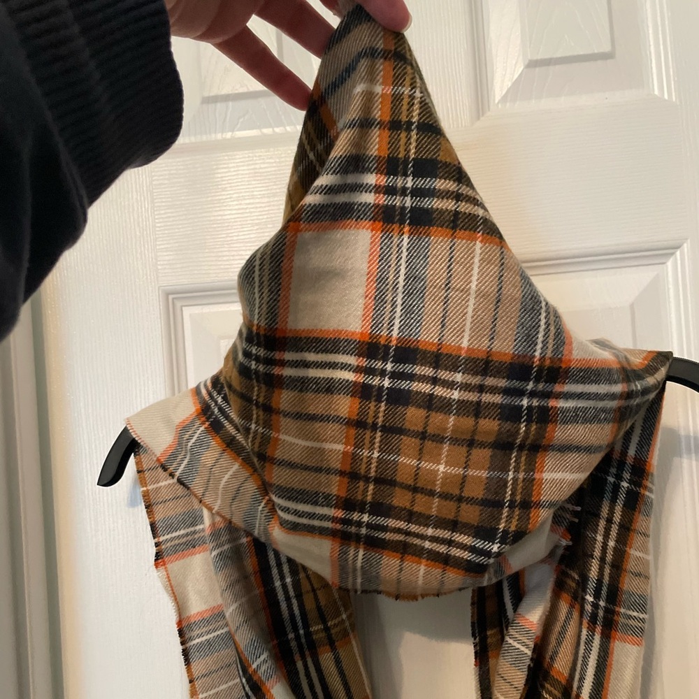 Orange, brown, and black Plaid Scarf with Tortoise Shell Button Accent. - Picture 3 of 4
